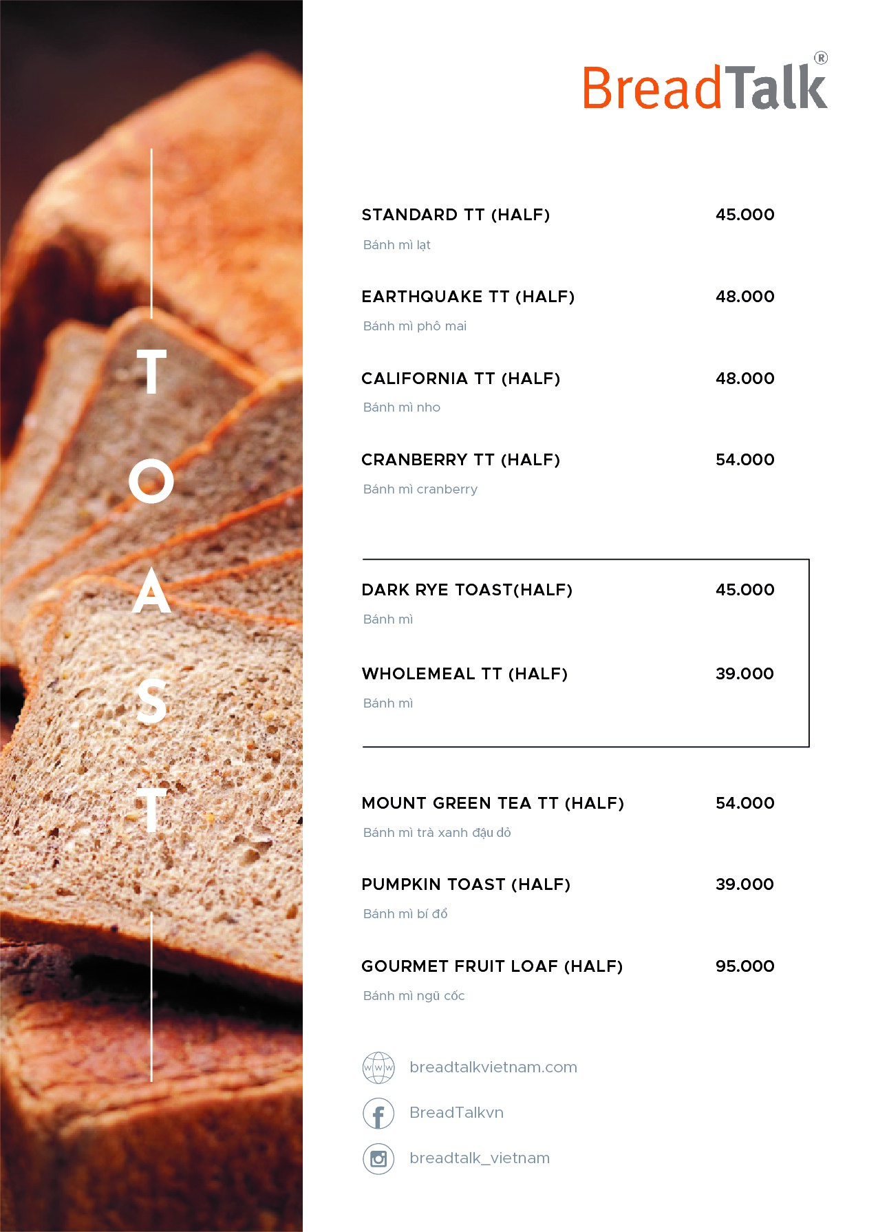 BREADTALK MENU AEONMall Bình Tân